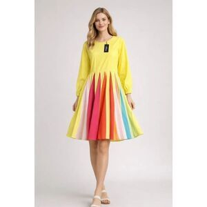 Aikina Yellow Rainbow Pleated Cotton Dress Size M NWT